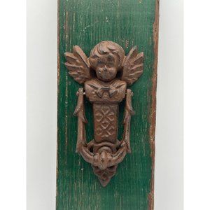 Vintage Angel Cherub Cast Iron Door Knocker Attached Rustic Green Board